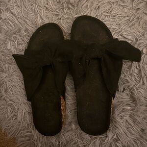 Black Slip on Sandals With Big Suede Bow